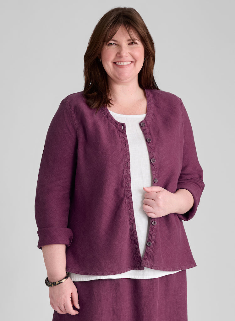 Beneficial Blouse, shown in Mulberry, size Medium.  Worn open as a light jacket, with the sleeves rolled up.