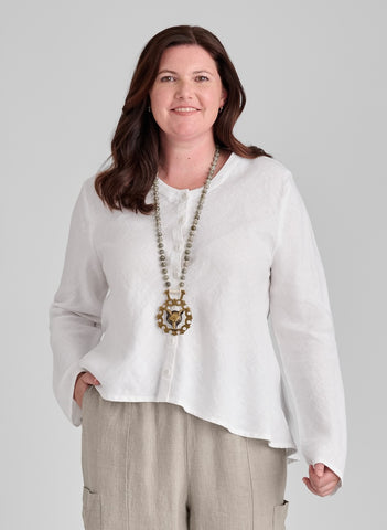 Beneficial Blouse, shown buttoned, in White (color n/a), size Medium.  100% European Linen.