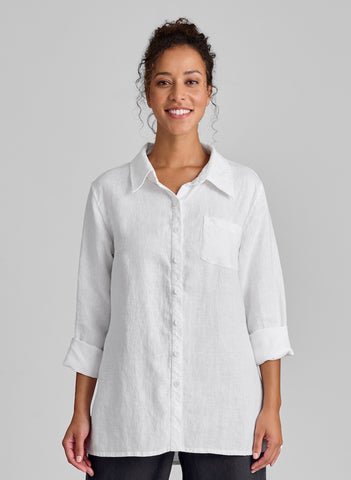 Bias Back Shirt, shown in White, size Small.  Worn buttoned, with Long Sleeves rolled up.