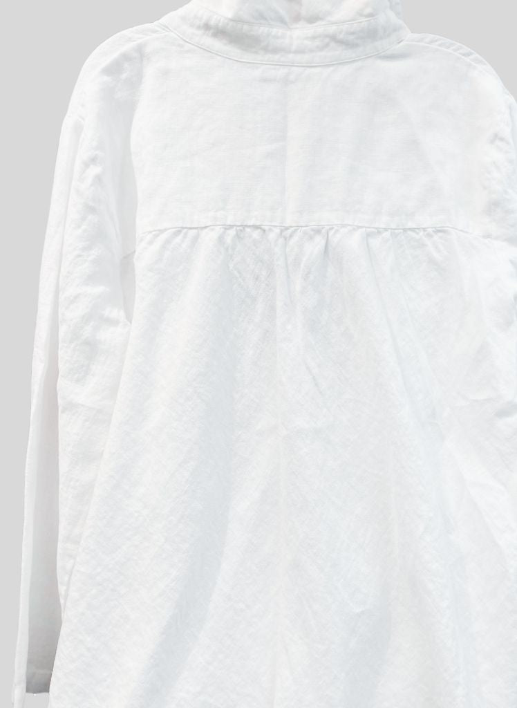 Bias Back Shirt, shown in White, on the reverse.  Featuring a top yoke detail, and the lower 3/4 of the shirt is more generous, and cut on the bias for a beautiful drape to the fabric. 