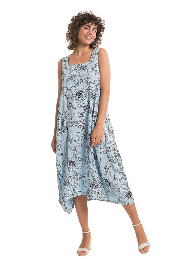 Bubble Dress, ciel blue.  Model is 5'9" wearing size Small.  100% European Linen.