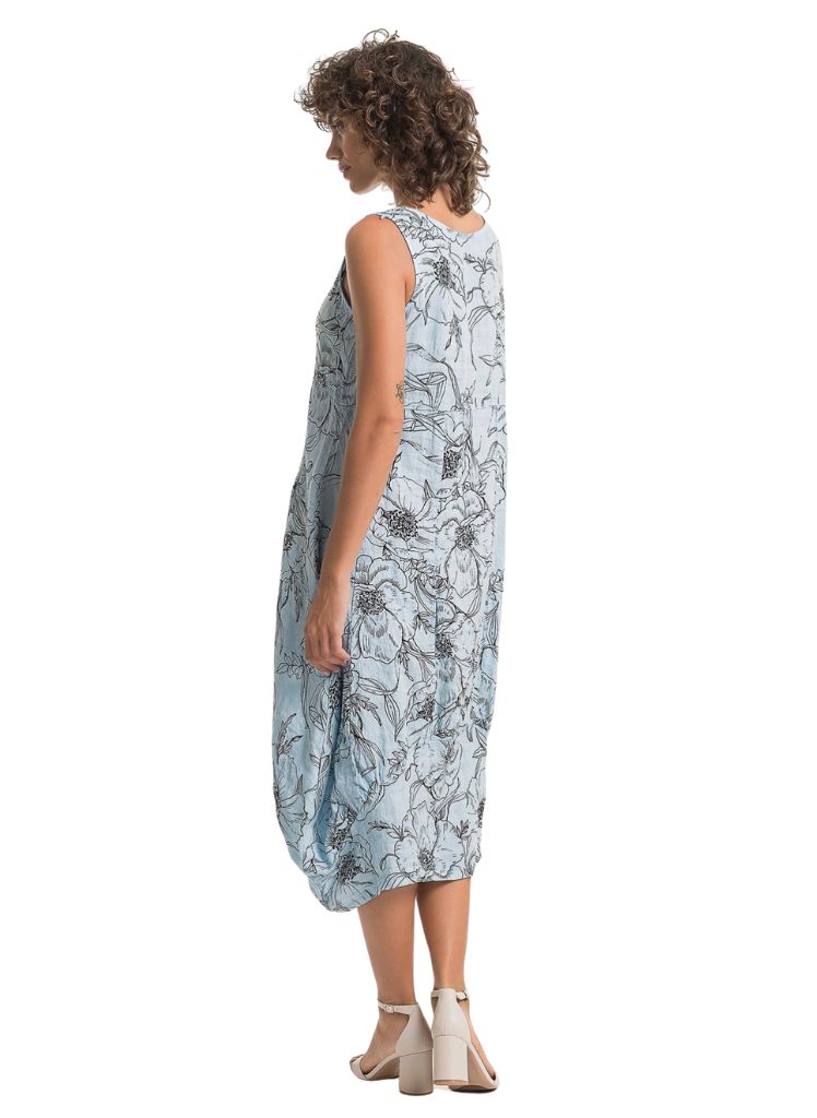 Bubble Dress, ciel blue.  Featuring details on the reverse.  Model is 5'9" wearing size Small.  100% European Linen.