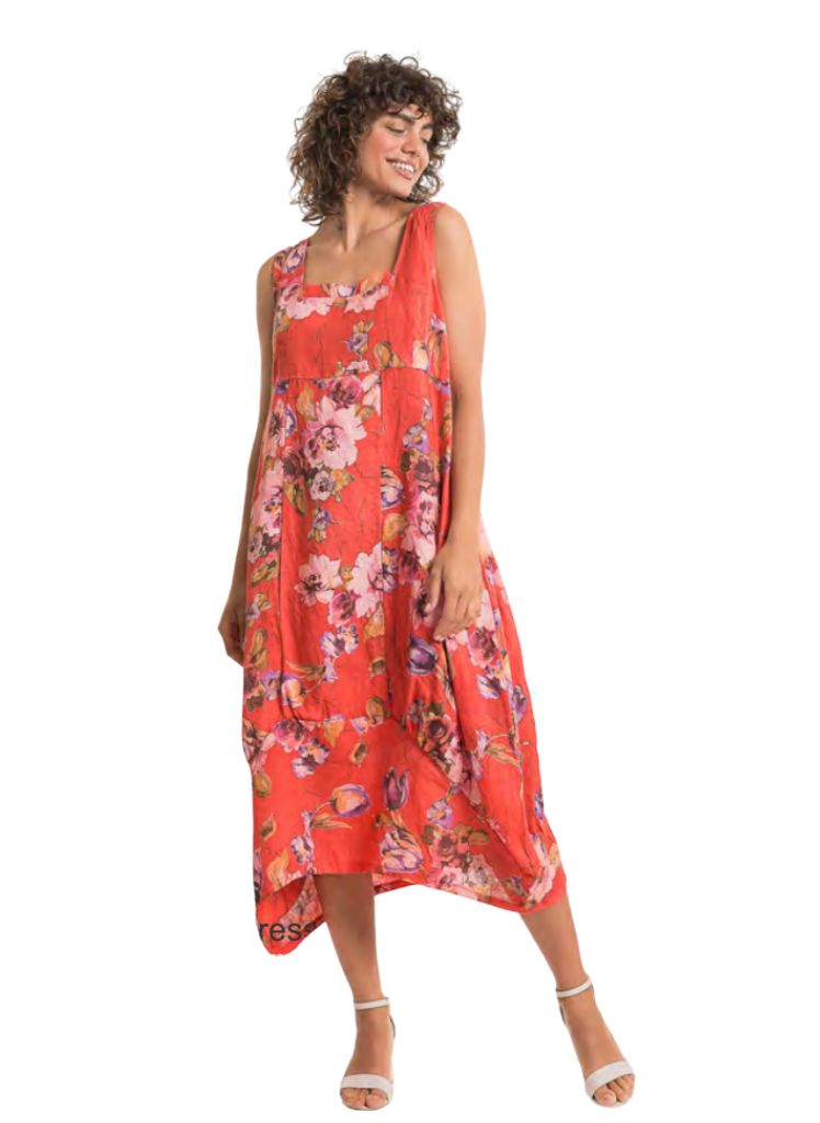 Bubble Dress, shown in Corallo.  Model is 5'9" wearing size Small.  100% European Linen.