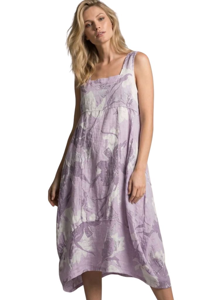 Bubble Dress, floral print in Lilac & White.  Model is 5'9" wearing size Small.  100% European Linen.