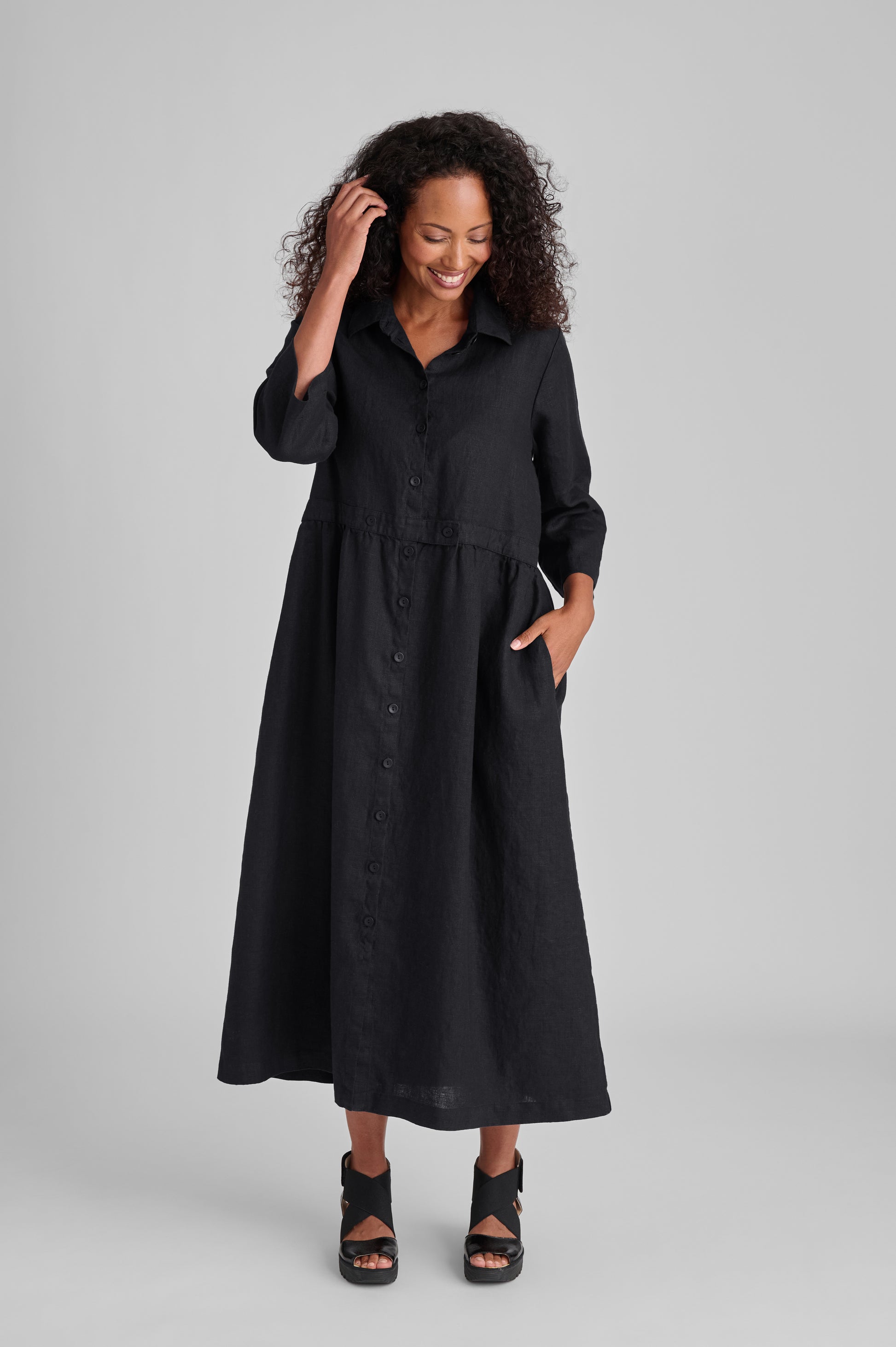 Button Down Dress, shown in Black (color N/A), size small on 5’9” model. 