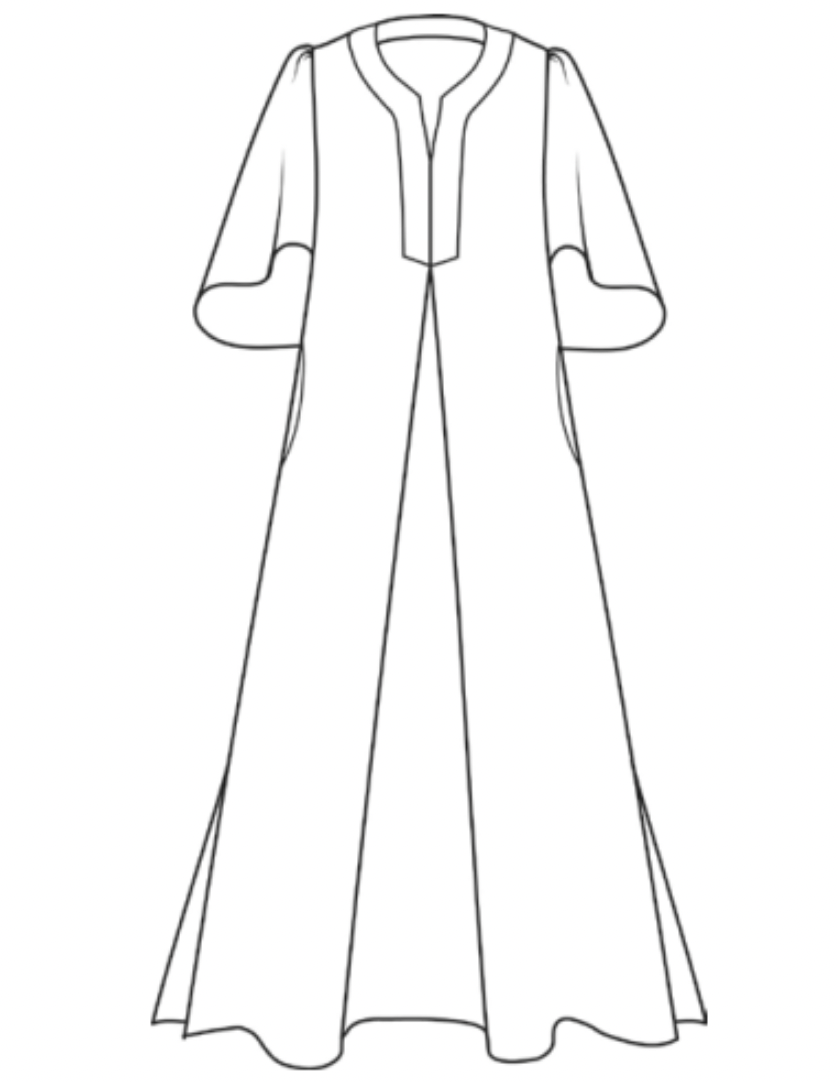 Caftan Dress, detailed sketch shown.  Maxi length dress, with a rounded neckline with v-notch detail.  Elbow length sleeves that flare for a ruffle effect.  2 side seam pockets.  A-line shape with Inverted pleat detail in the center, along the waist line.  100% European Linen.