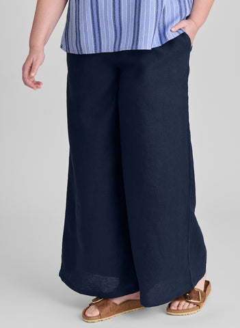 Carefree Pant, shown in Midnight (Navy), size Medium on 5'9" model.  100% European Linen, Pre-shrunk, Machine Washable.