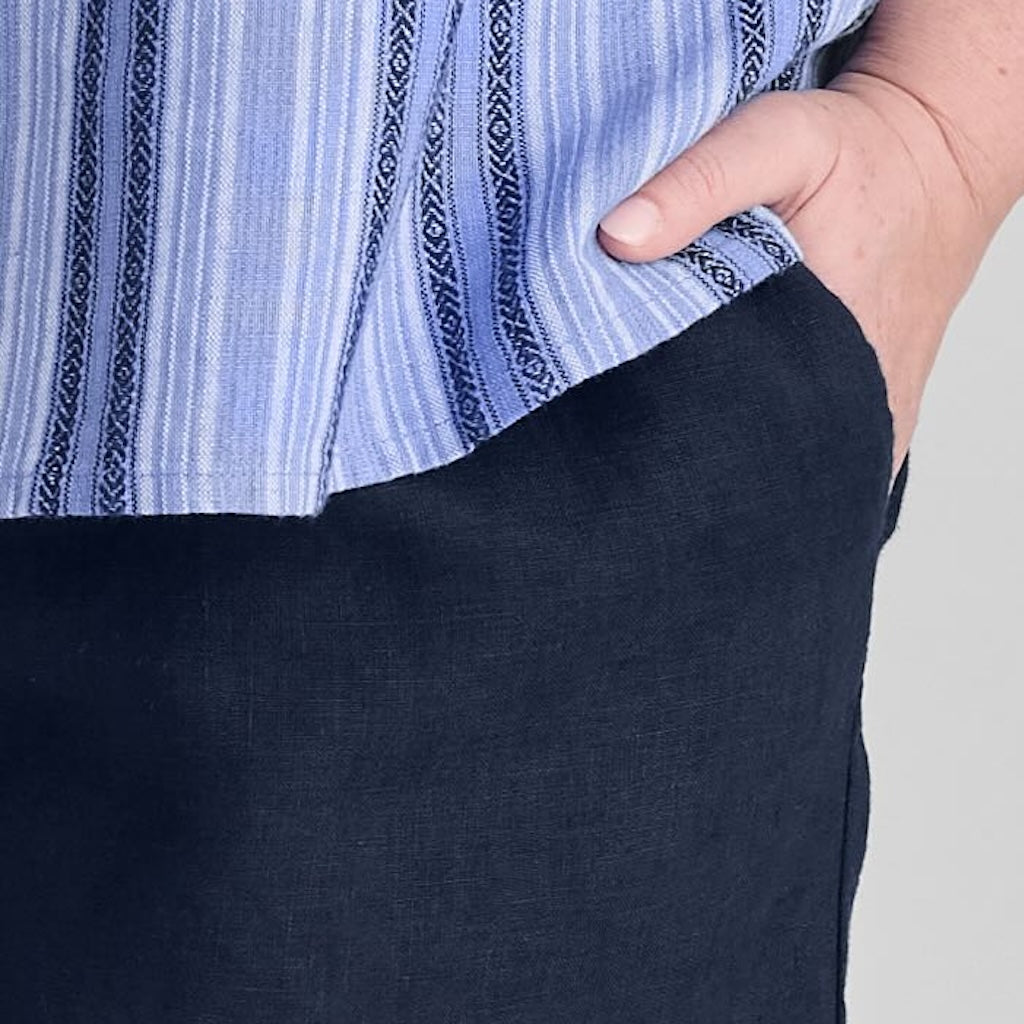 Carefree Pant, shown in Midnight.  Zoom on side seam pocket detail.