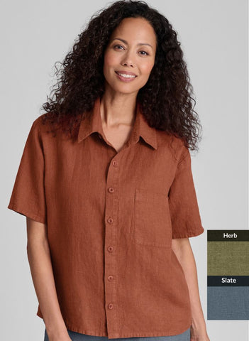 Cherished Shirt, shown in Spice, size Small.  Color shown is Not available.  we are showing image for style reference only.  100% Medium-weight European Linen, with Corozo buttons