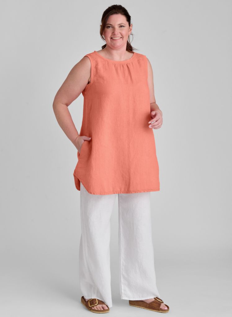 Coastal Tunic (Mango) paired with Flat Iron Pant (White), shown in size Medium.  Model is 5’9” tall.  100% Linen with Cotton Knit trim.