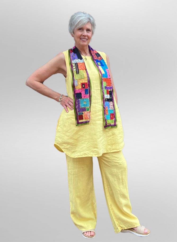 Coastal Tunic and Flat Iron, both shown in Banana. Model is 5'6" wearing size Small.  Handmade Scarf is sold in store only. 