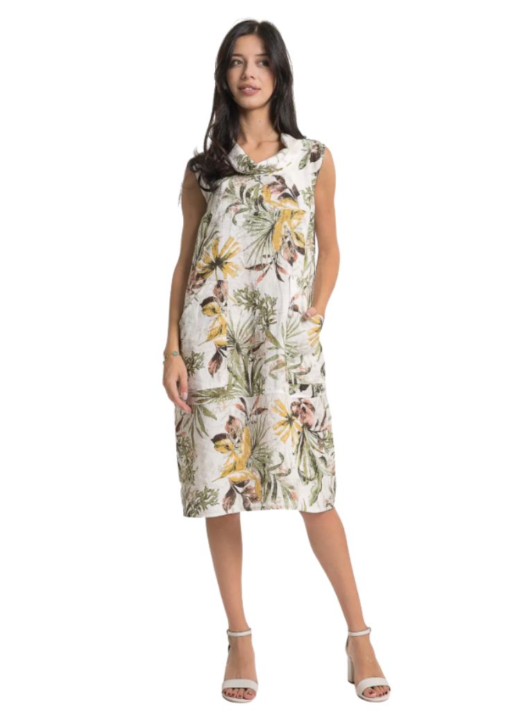 Cowl Neck Linen Print Dress TP1716P-26LL * NEW
