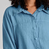 Dramatic Shirt (shown in Caribbean), zoomed to feature the Shirt Collar, relaxed Drop Shoulders and Dolman Sleeves, Top Seam detail, along with the natural corozo (tagua) buttons down the front.