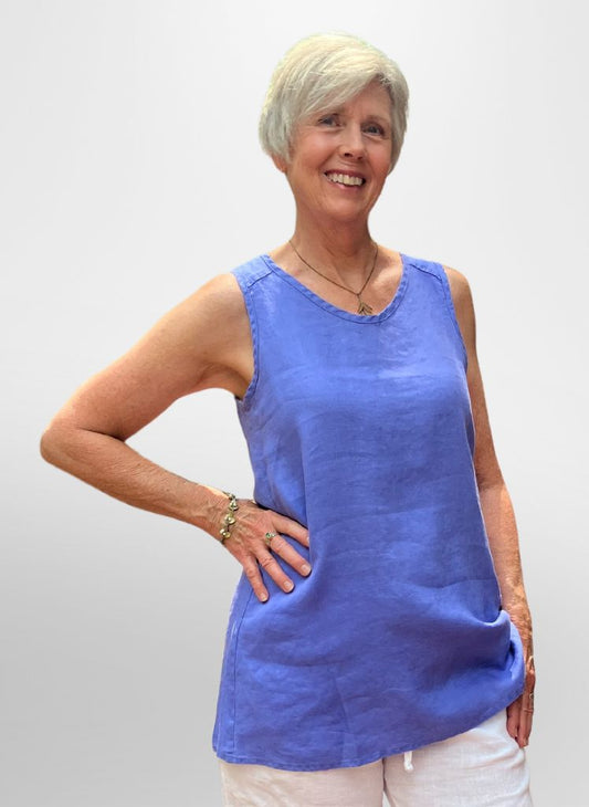 Dreamy Tank, shown in Iris, size Small.  100% European Linen.
