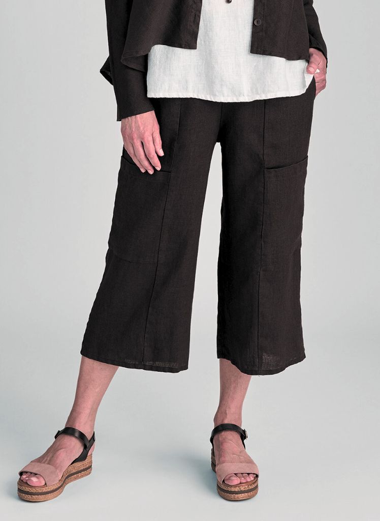 Flattering Crop, shown in solid Black, size Small.  Model is 5'9" tall.  100% European Linen.