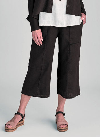 Flattering Crop, shown in solid Black, size Small.  Model is 5'9" tall.  100% European Linen.