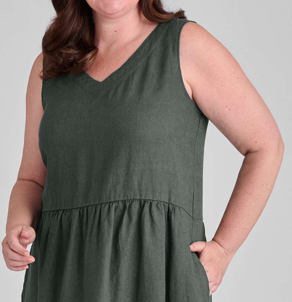 FLAX-Full Dress, shown in Petrol, size Medium.  Zoomed on the V-neckline, gathered waist, and side pocket detail.