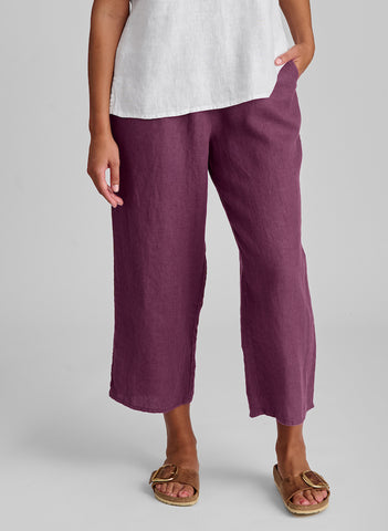 Floods, shown in Sangria.  Model is 5'9" tall, wearing size Small.  100% European Linen, machine washable.