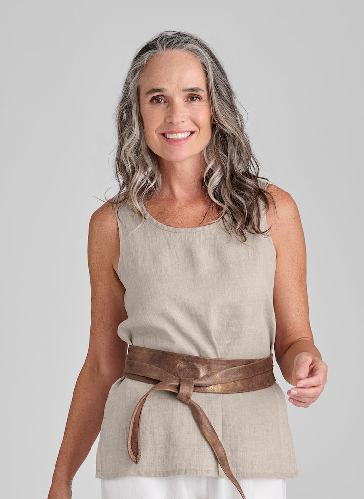 Fundamental Tank, shown in Natural, size Small.  Note: Belt in photo is not available.