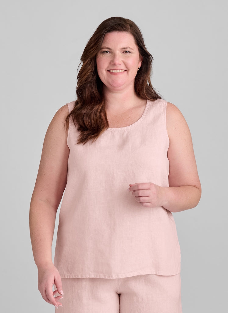Fundamental Tank, shown in Shell (light peachy-pink), size Medium. 100% European Linen.