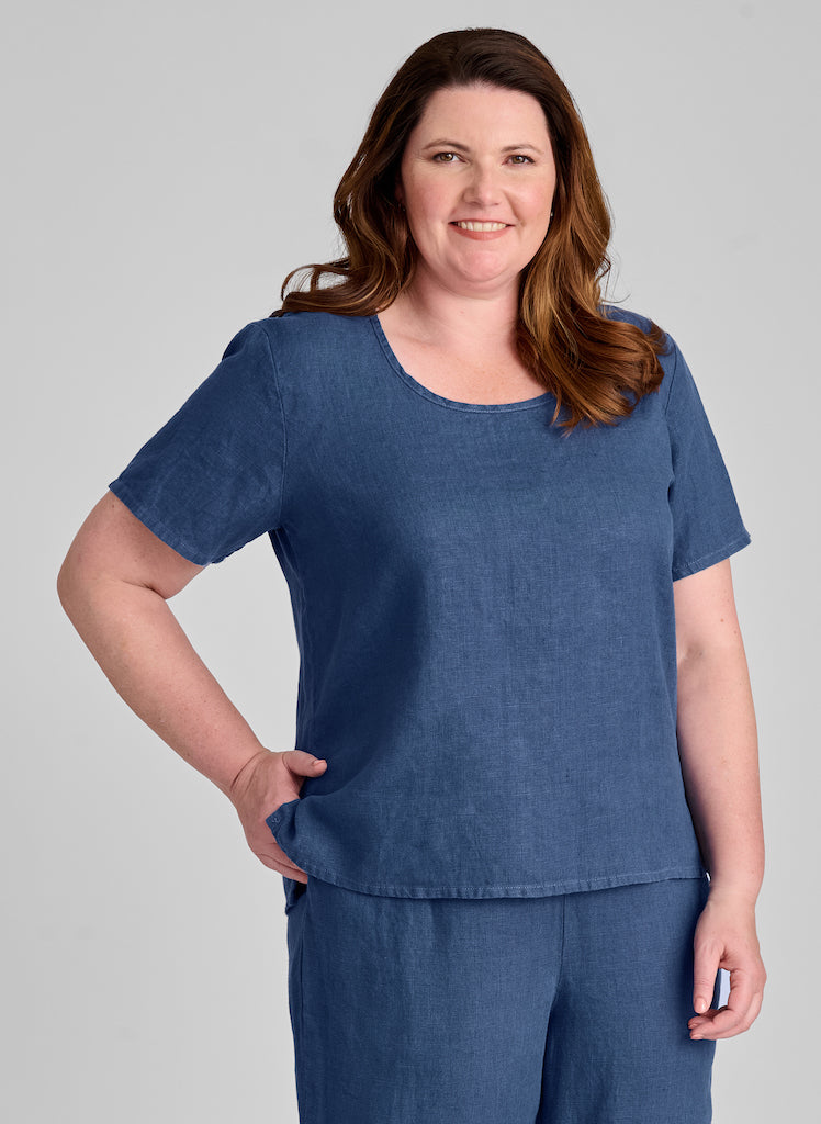 Fundamental Tee, shown in Ocean, size Medium.  100% European Linen, pre-shrunk, Machine Washable.