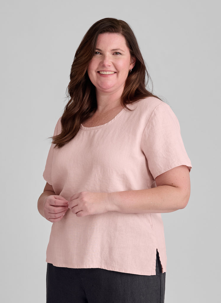 Fundamental Tee, shown in Shell (light peachy-pink), size Medium. 100% European Linen.