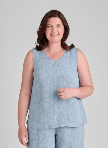 Gem Tank, shown in Dark Teal Yarn Dye, size Medium.  100% European Yarn-Dyed Linen