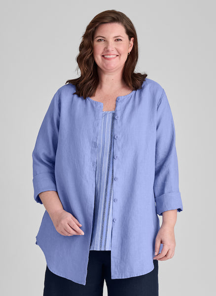 Gotcha Blouse, shown in Periwinkle, size Medium.  100% European Linen, Pre-shrunk, Machine Washable, Gentle Dry on low heat.