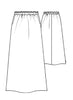 Go-To Skirt, detailed sketch.  Features a full elastic waistband, 2 deep side pockets, a flattering A-line shape, center seam detail on the back.  Mid-length, depending on your height.  If you’re shorter than 5’9”, this skirt will be longer on you.