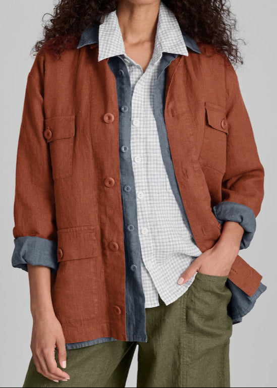 Graceful Jacket, shown in Spice, size Small.  Worn open, with the sleeves rolled up.  100% European Linen, Medium weight.