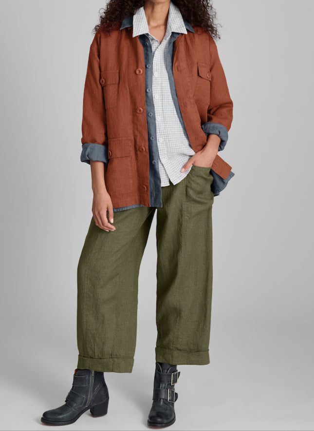 Graceful Jacket (Spice) layered over the Whole Shirt (slate), the Cherished Shirt (N/A in this color), and the Keen Pant (Herb).  Model is 5'9" tall, wearing size Small.  100% European Linen, Medium weight.