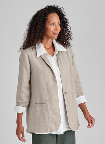 Kate's Blazer, shown in Natural, size Small.  Worn layered over the Bias Back Shirt, in White.  