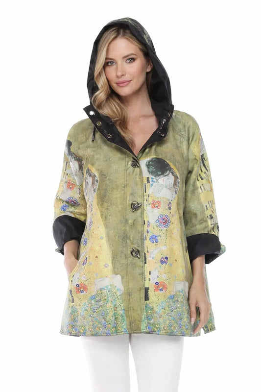 The Kiss Rain Jacket, reversible with detachable hood.  Shown on the patterned side.