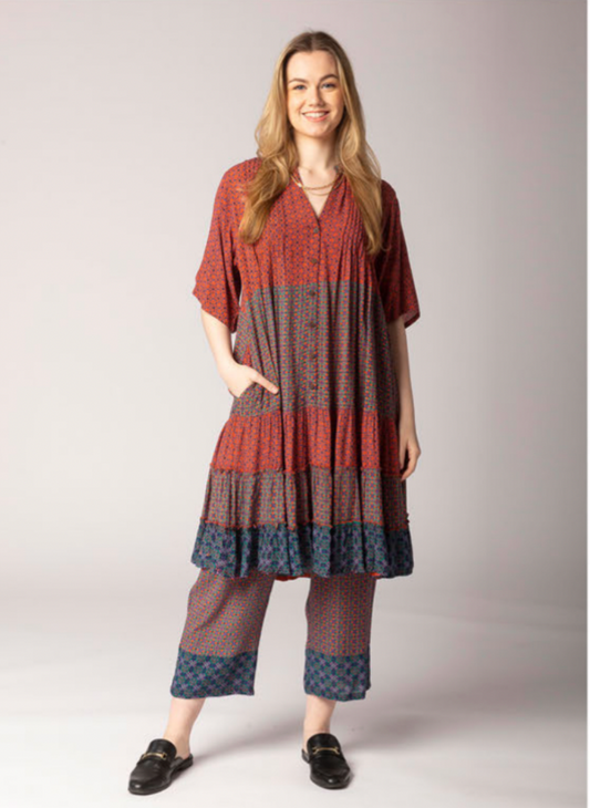 Laxmi Button Dress, shown in Raspberry (Multicolor) print, size S/M.  Worn layered over the matching Laxmi Pant.  100% Rayon, Hand Wash, Line dry.