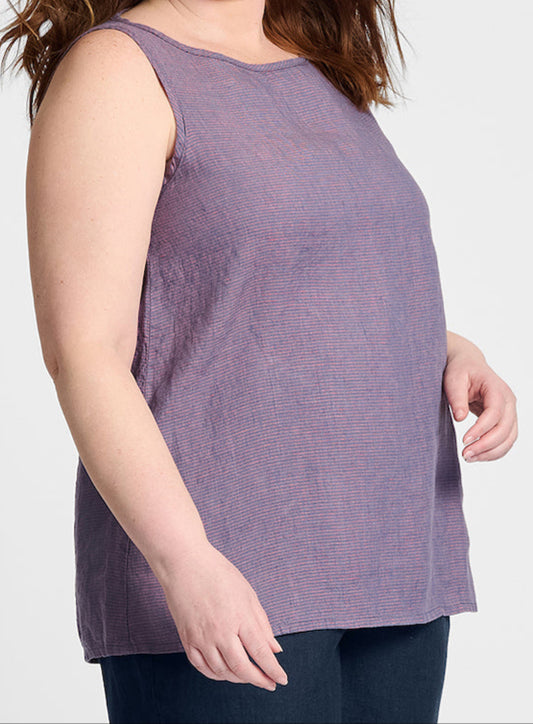 Layer Tank, shown in Blueberry Stripe. Model is 5'9" tall, wearing size Medium.
