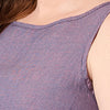 Zoom on the Layer Tank, showing the neckline and the 2-toned horizontal Blueberry Stripe fabric, 100% Linen.