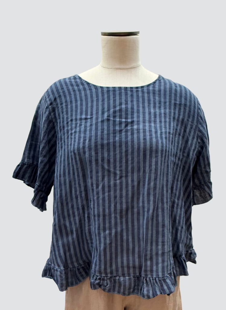Ruffled S/S Shirt, shown in Jeans Stripe.  100% Linen, one size.