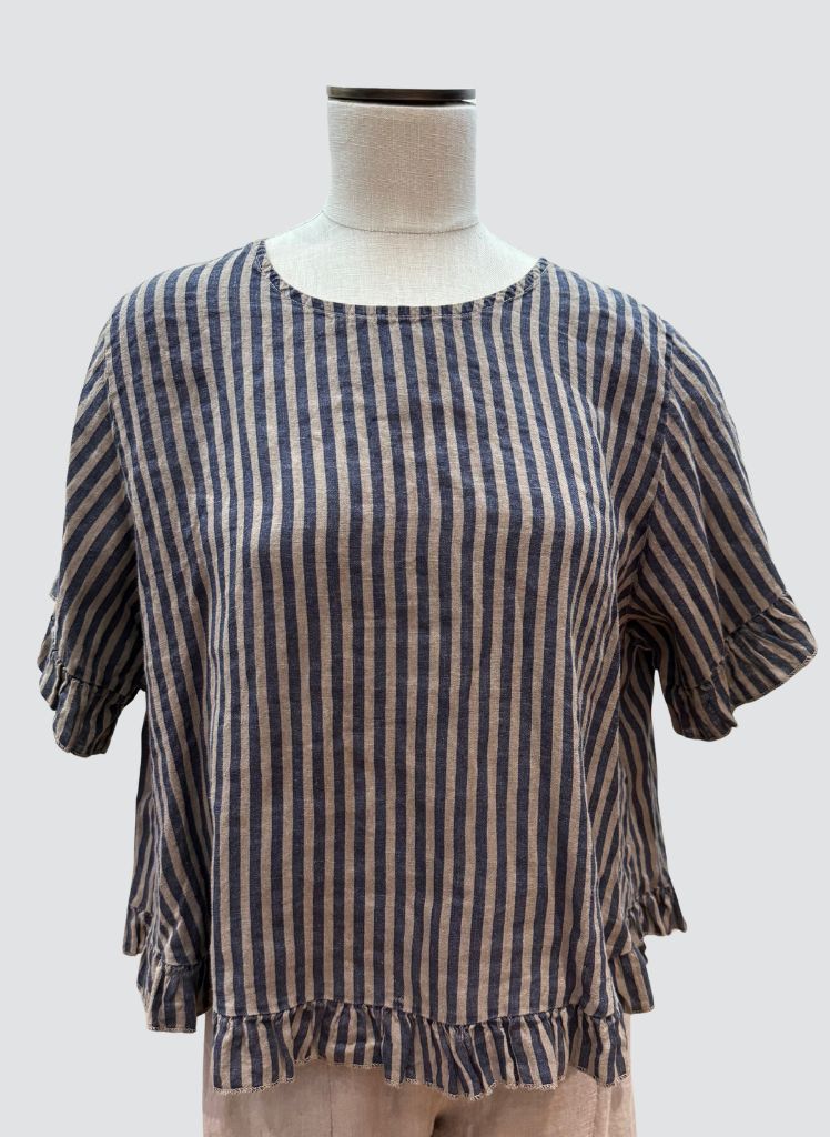 Ruffled S/S Shirt, shown in Taupe Stripe.  100% Linen, one size.