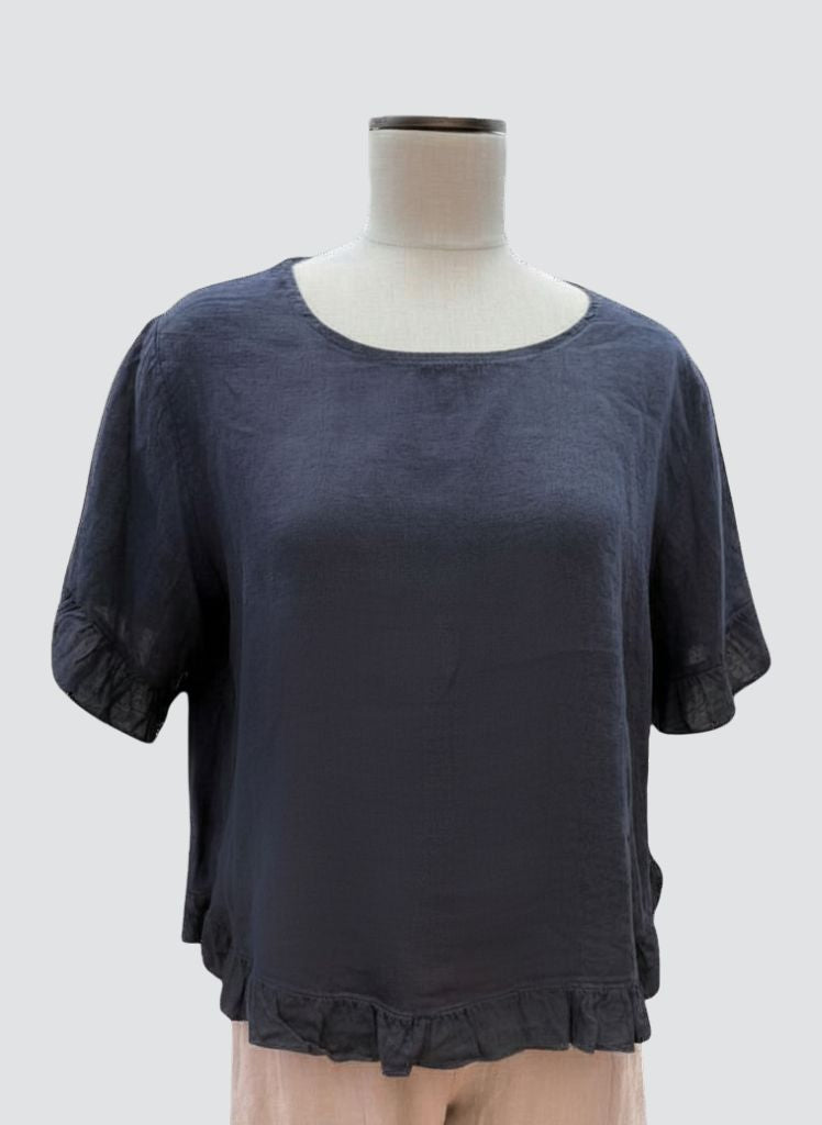 Ruffled S/S Shirt, shown in solid Navy.  100% Linen, one size.