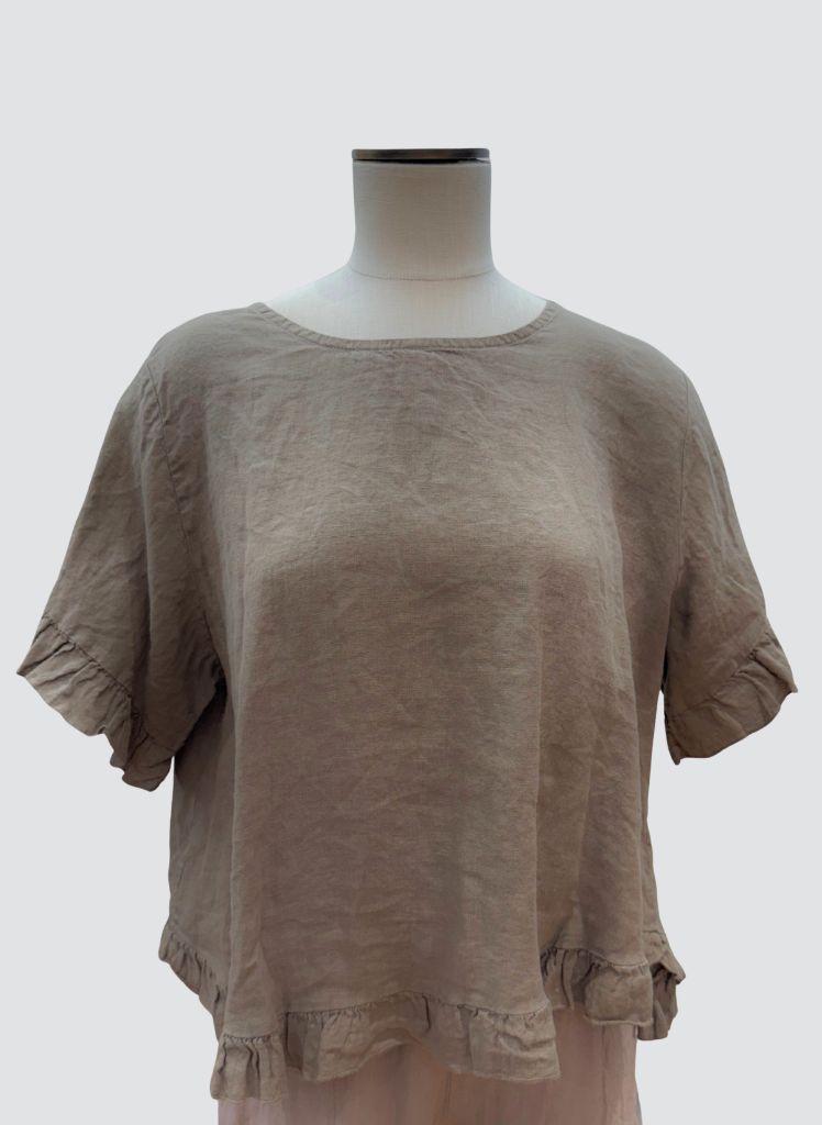 Ruffled S/S Shirt, shown in solid Taupe.  100% Linen, one size.