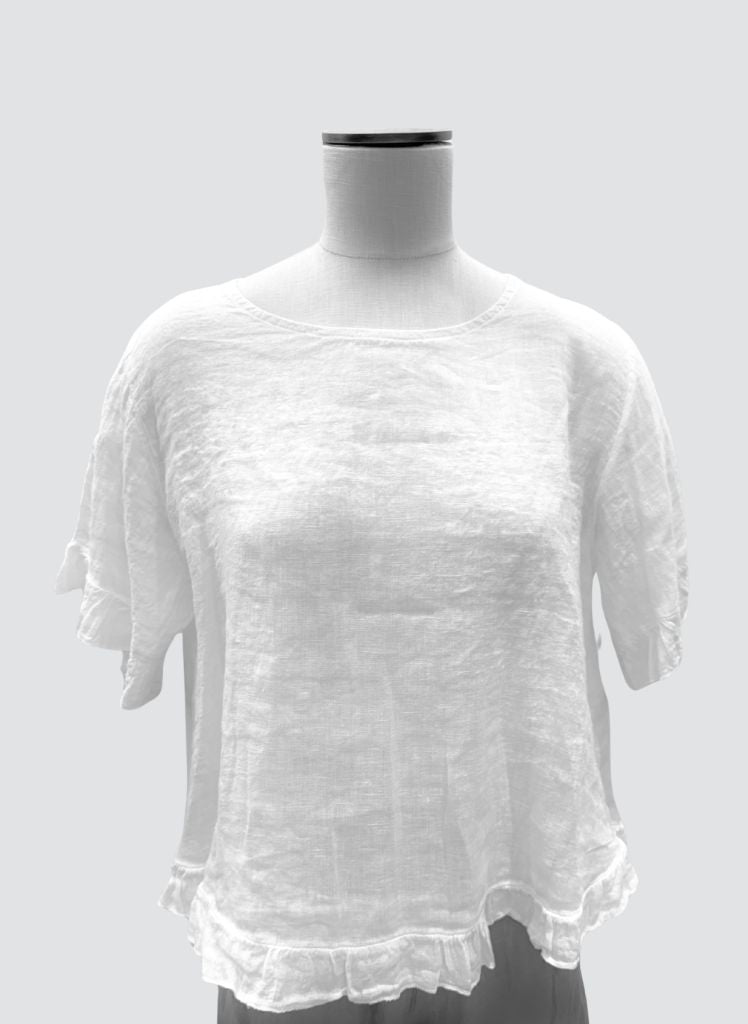 Ruffled S/S Shirt, shown in solid White  100% Linen, one size.
