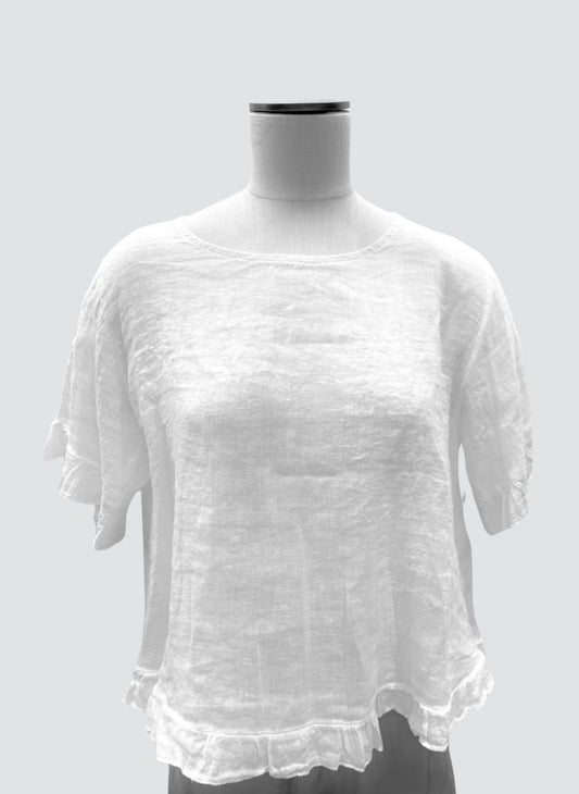 Ruffled S/S Shirt, shown in solid White  100% Linen, one size.