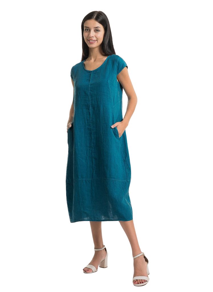 Mid Calf Linen Dress, shown on the front, size Small on 5'9" model.  Featuring the 2 side seam pockets.  This dress will be a little longer if you are shorter than the model.