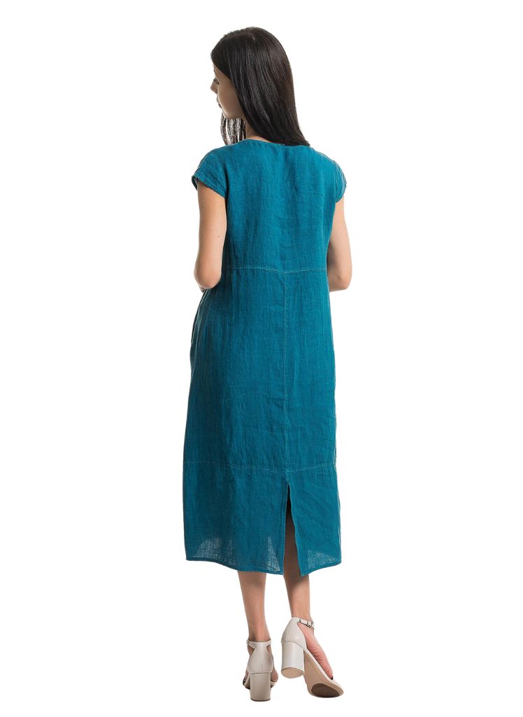 Mid Calf Linen Dress, shown on the reverse, size Small on 5'9" model. Mid Calf Linen Dress, shown on the front, size Small on 5'9" model.  This dress will be a little longer if you are shorter than the model.