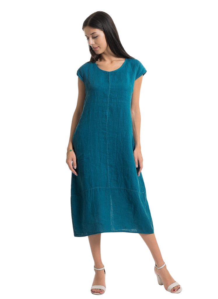 Mid Calf Linen Dress, shown on the front, size Small on 5'9" model.  This dress will be a little longer if you are shorter than the model.
