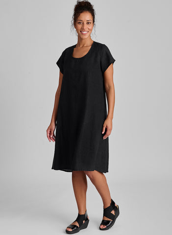 Park Dress, shown in solid Black. Model is 5'9" tall, wearing size Small. 100% Linen.