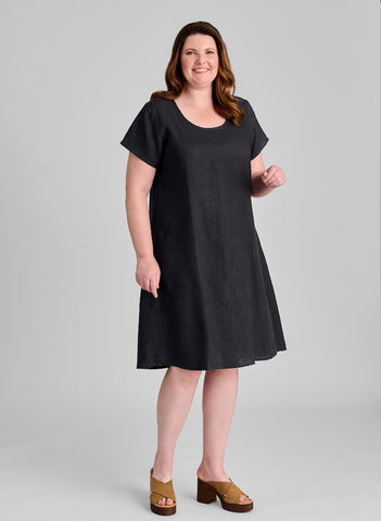 Park Dress, shown in Nine Iron (dark grey).  Model is 5'9" tall, wearing size Medium.  100% Linen.