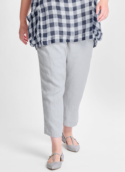 Pocketed Ankle Pant, shown in Silver.  Model is 5'9" tall, wearing size Medium.  (100% Linen)