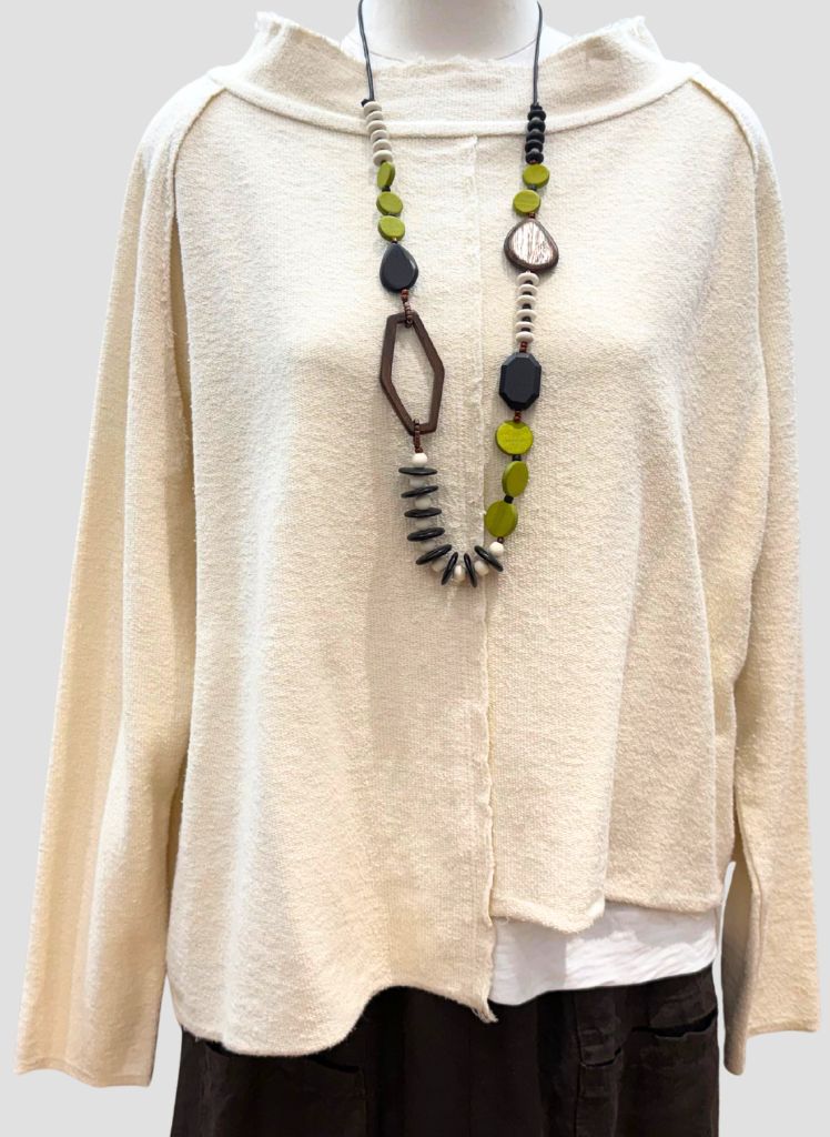 Accent Necklace (Lime green) over an artsy yet casual outfit.  The Whitney Pullover (White, Tina Stephens), layered over the Vneck Tshirt (White, Escape by Habitat), and the Brenna Skirt (Espresso, Tina Stephens).