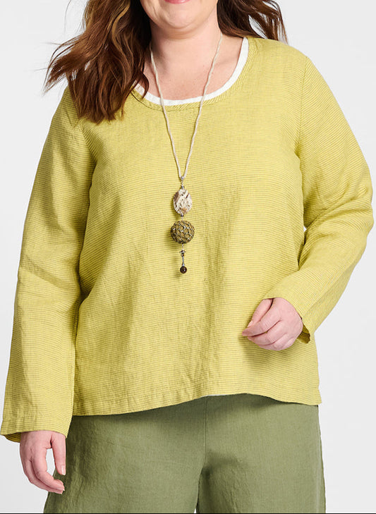 Pure Top (Goldenrod Stripe), layered over the Fundamental Tank (White). Model is 5'9" tall, wearing size Medium.